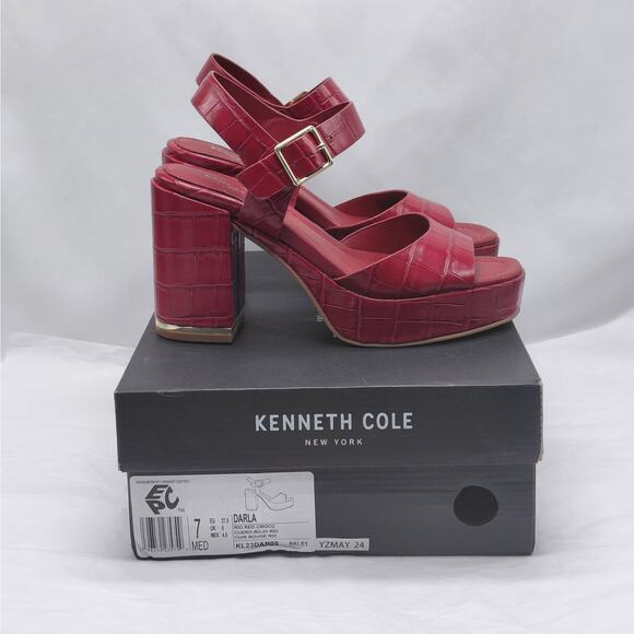 Kenneth Cole Darla Red Croc Platform Heels Women Size 7 Block High Heel Sandals - Picture 1 of 10